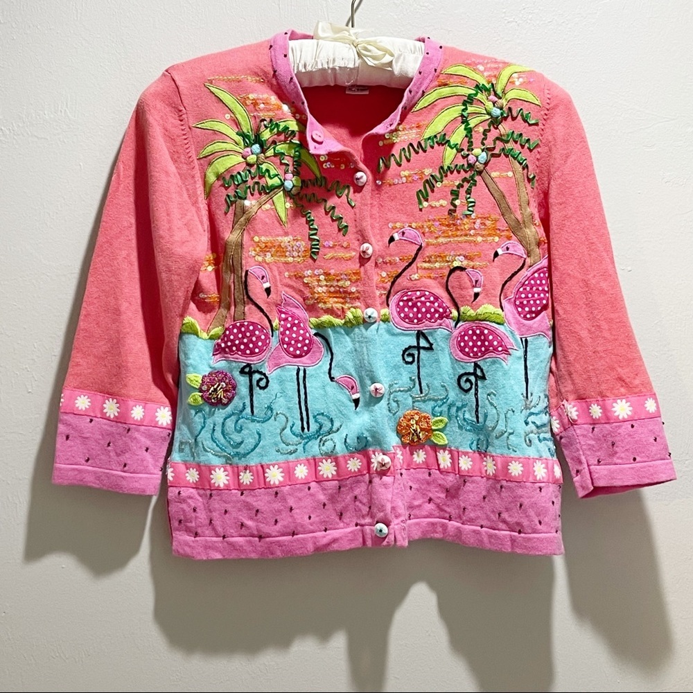 JACK B QUICK Women’s Pink Cardigan Flamingo Palm Trees Tropical Beads Sequins